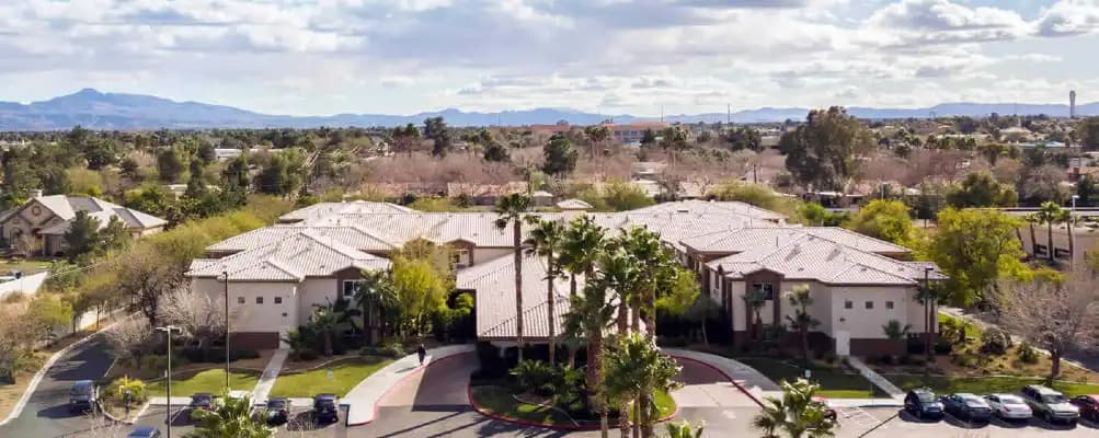 Arial photo of tile roof buildings surrounded by palm trees