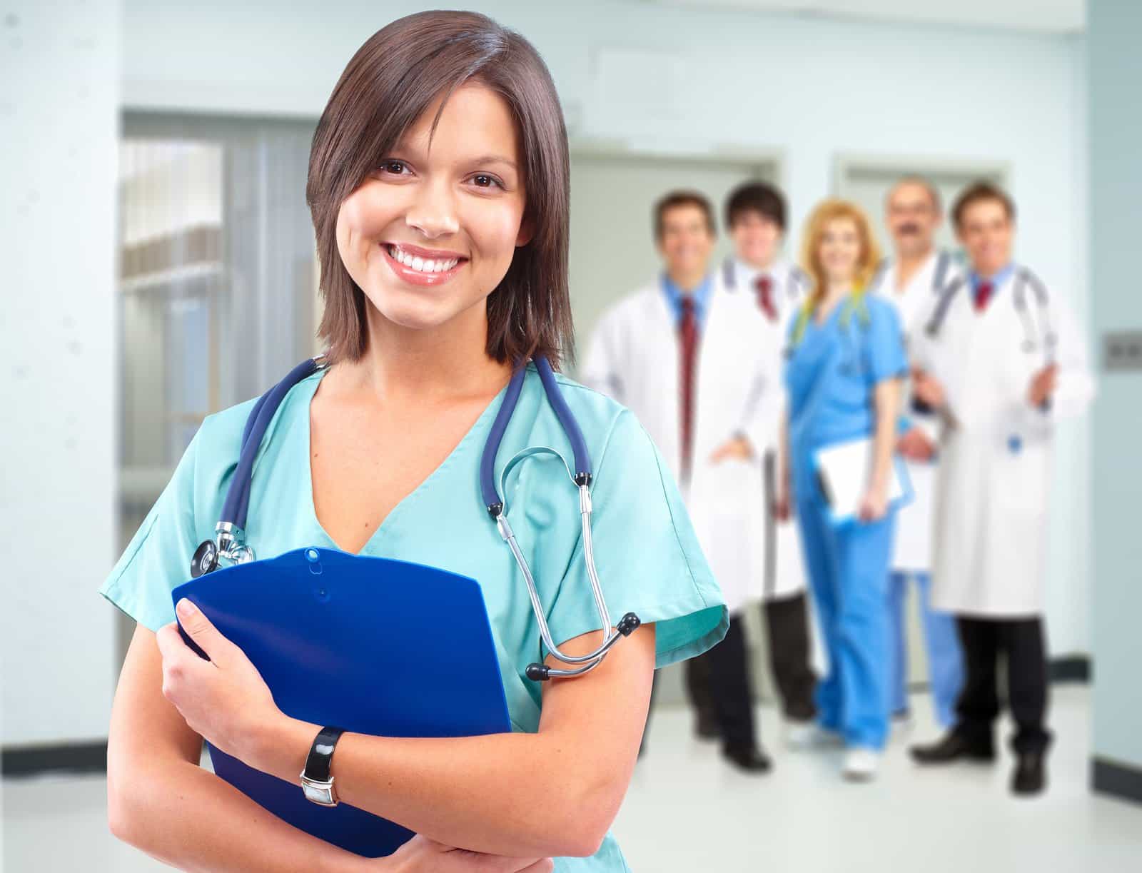 Medical doctor woman over health care background